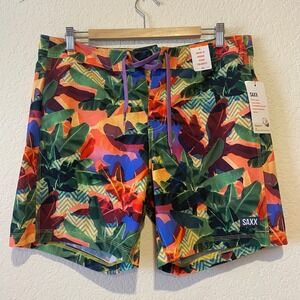 SAXX Betawave 2N1 Boardie Swim Trunks Shorts 34 Rainbow Tropical Foliage 17" NWT